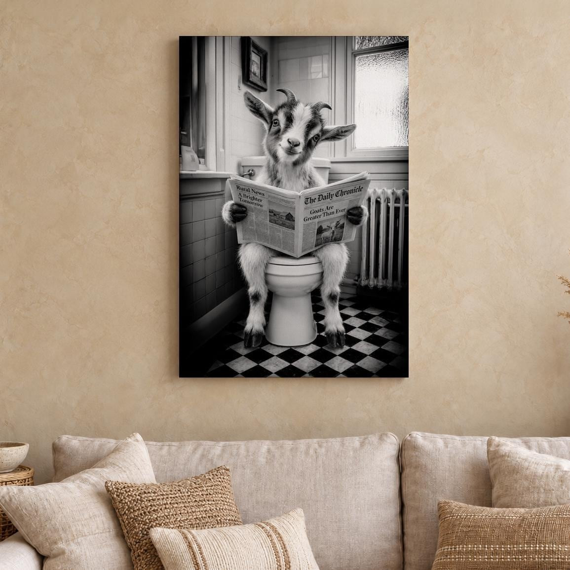 Funny Goat on Toilet Canvas Wall Art
