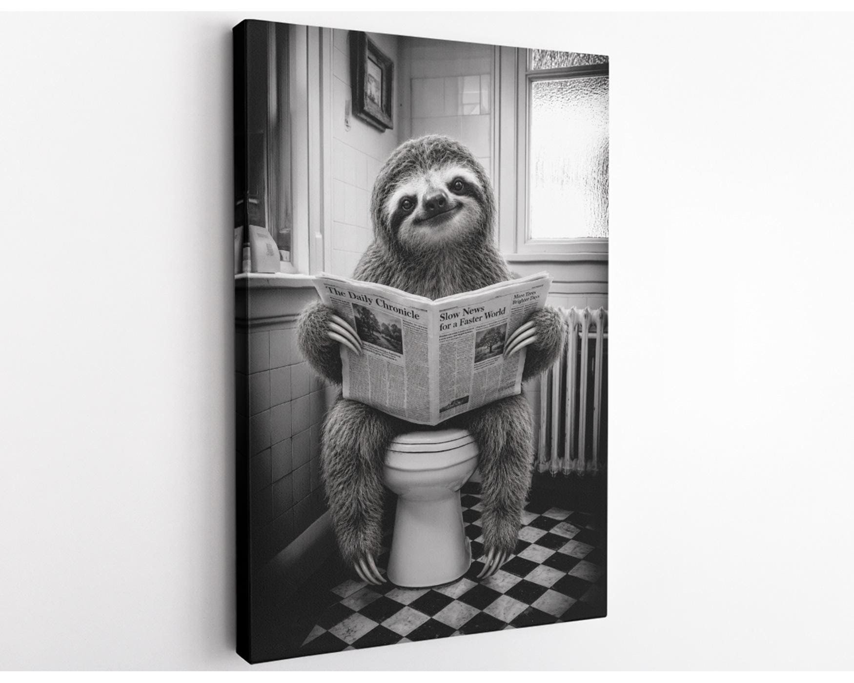 Funny Sloth on Toilet Canvas Wall Art