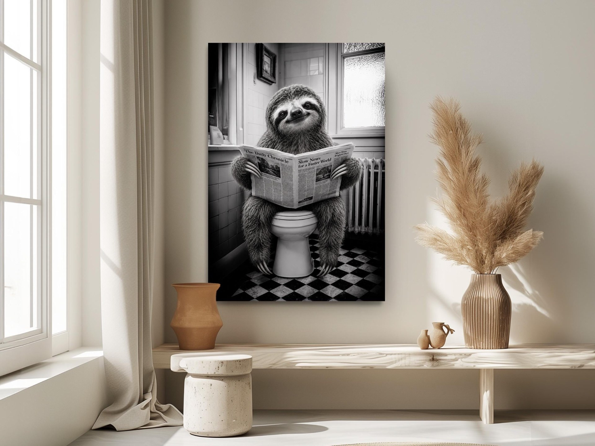 Funny Sloth on Toilet Canvas Wall Art