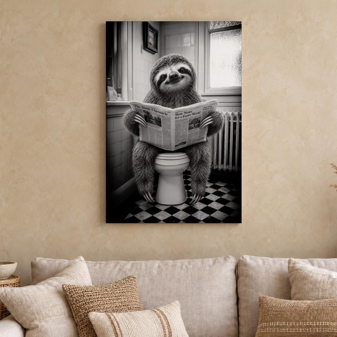 Funny Sloth on Toilet Canvas Wall Art