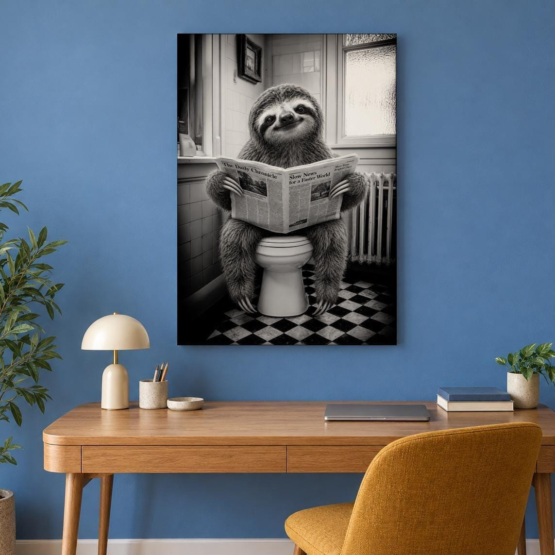 Funny Sloth on Toilet Canvas Wall Art