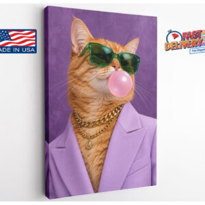 Ginger Cat in Purple Suit Funny Canvas Wall Art