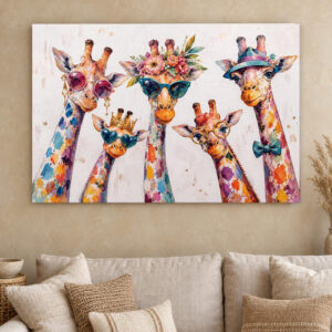 Giraffe Family Colorful Canvas Wall Art
