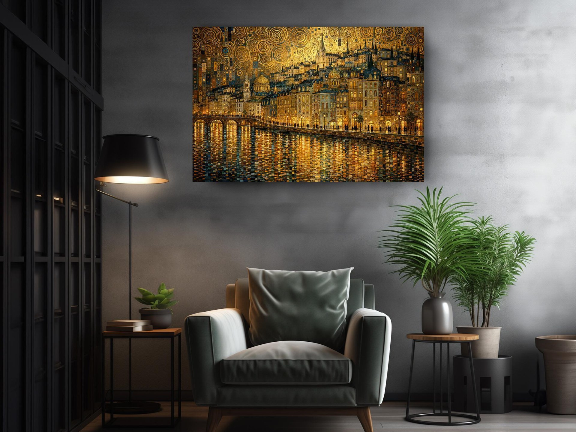 Gold Cityscape Reflection Canvas Wall Art