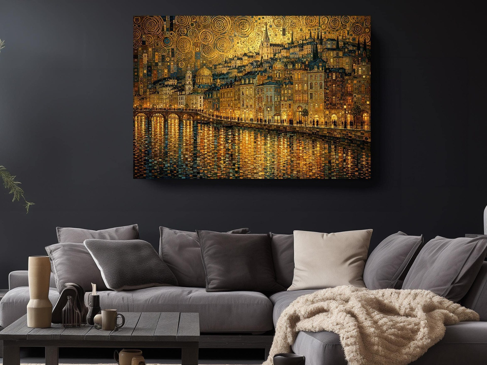 Gold Cityscape Reflection Canvas Wall Art