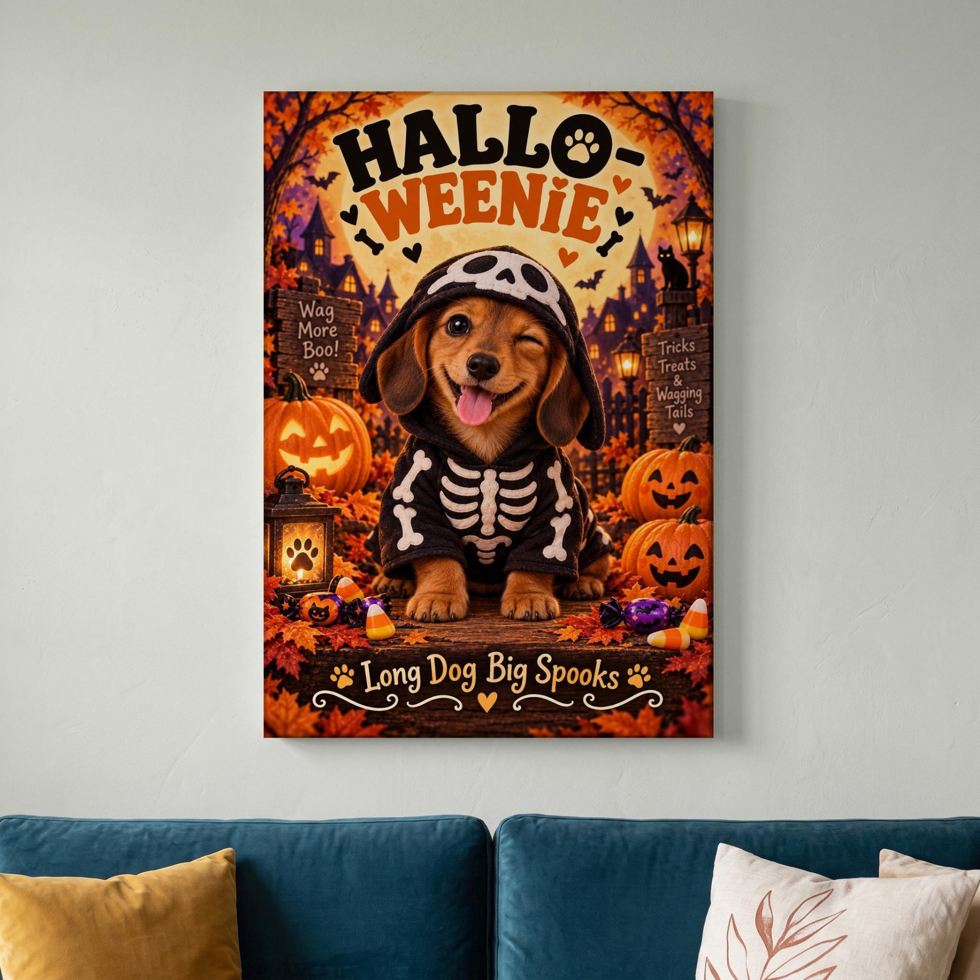 Halloween Dachshund Skeleton Puppy Canvas Wall Art