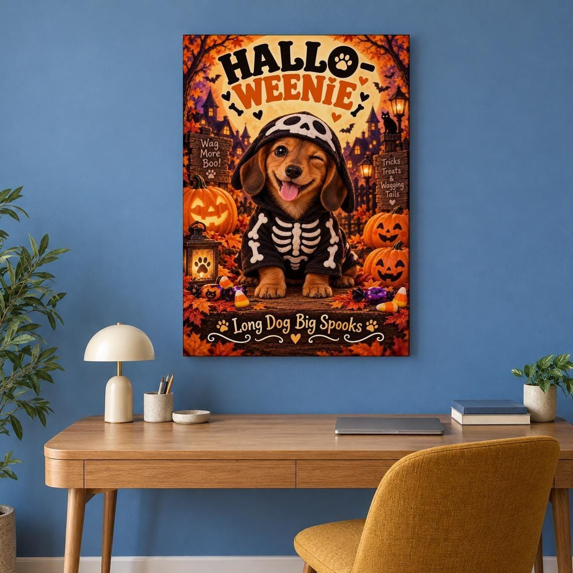 Halloween Dachshund Skeleton Puppy Canvas Wall Art