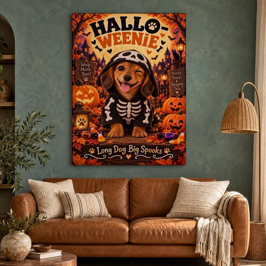 Halloween Dachshund Skeleton Puppy Canvas Wall Art