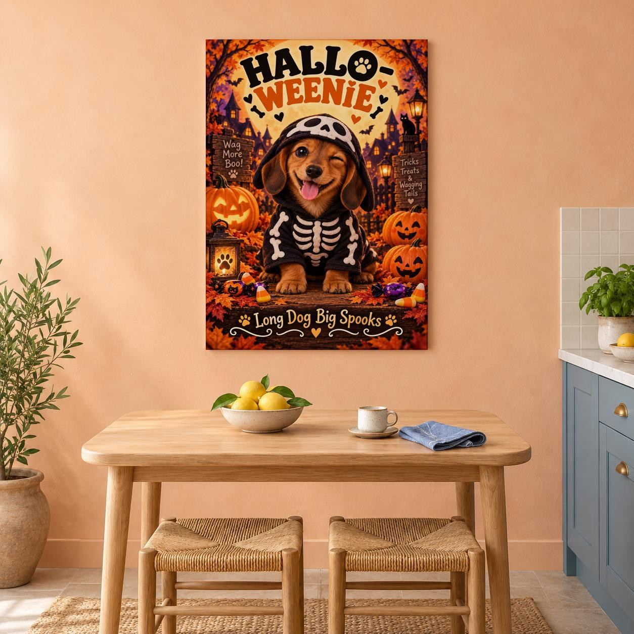 Halloween Dachshund Skeleton Puppy Canvas Wall Art