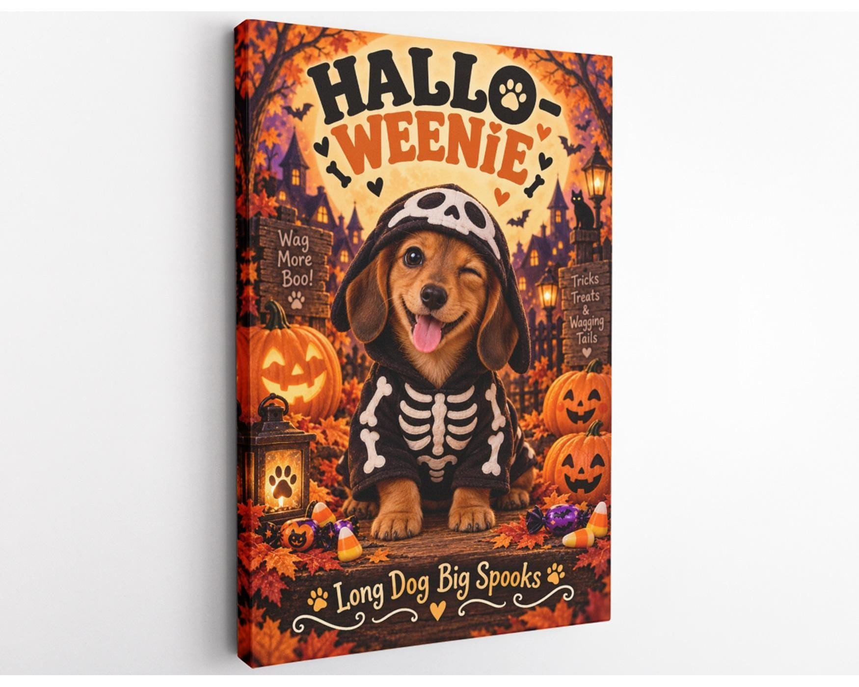 Halloween Dachshund Skeleton Puppy Canvas Wall Art