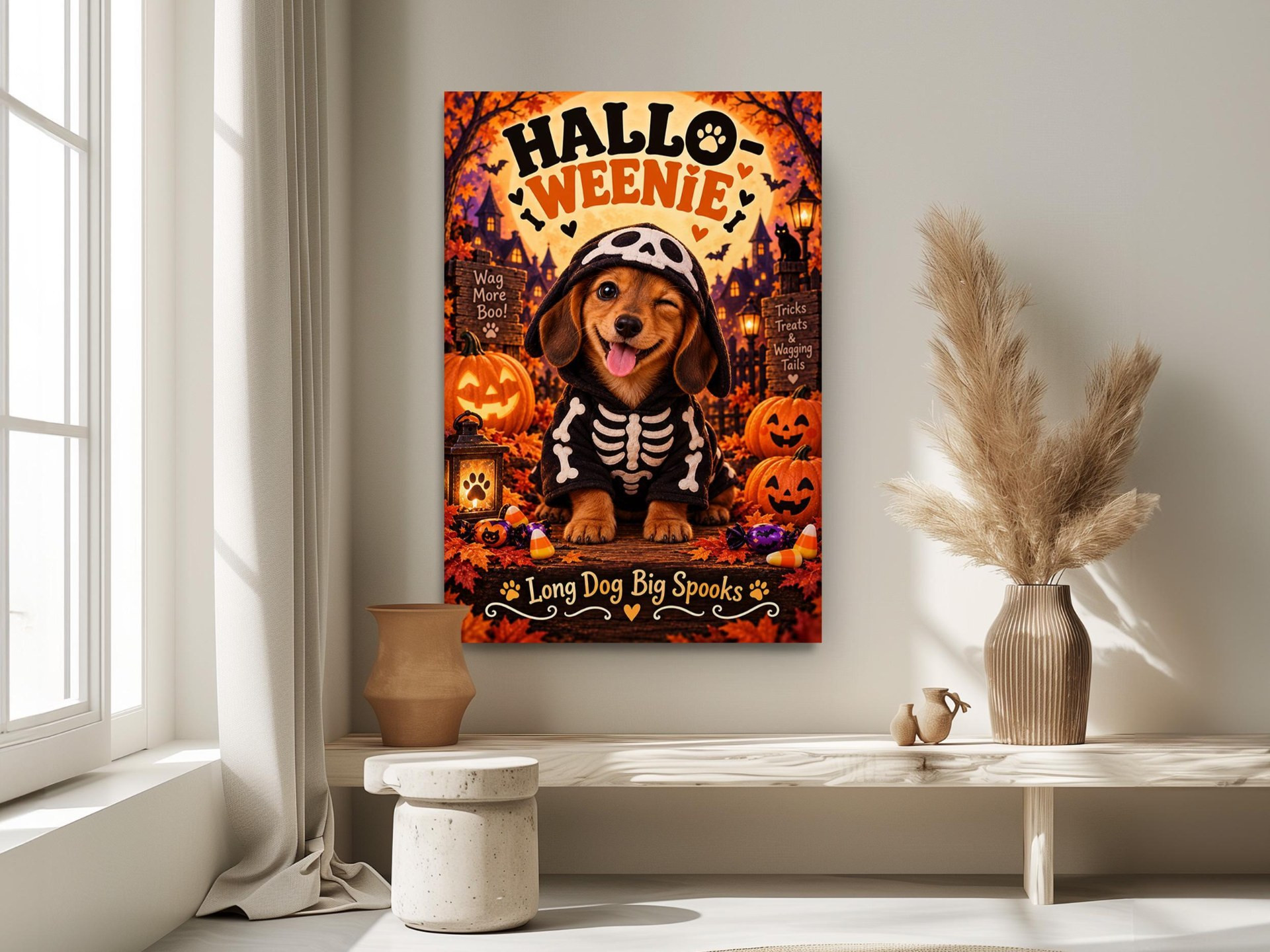 Halloween Dachshund Skeleton Puppy Canvas Wall Art