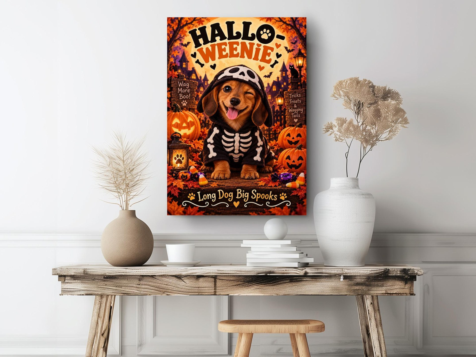 Halloween Dachshund Skeleton Puppy Canvas Wall Art