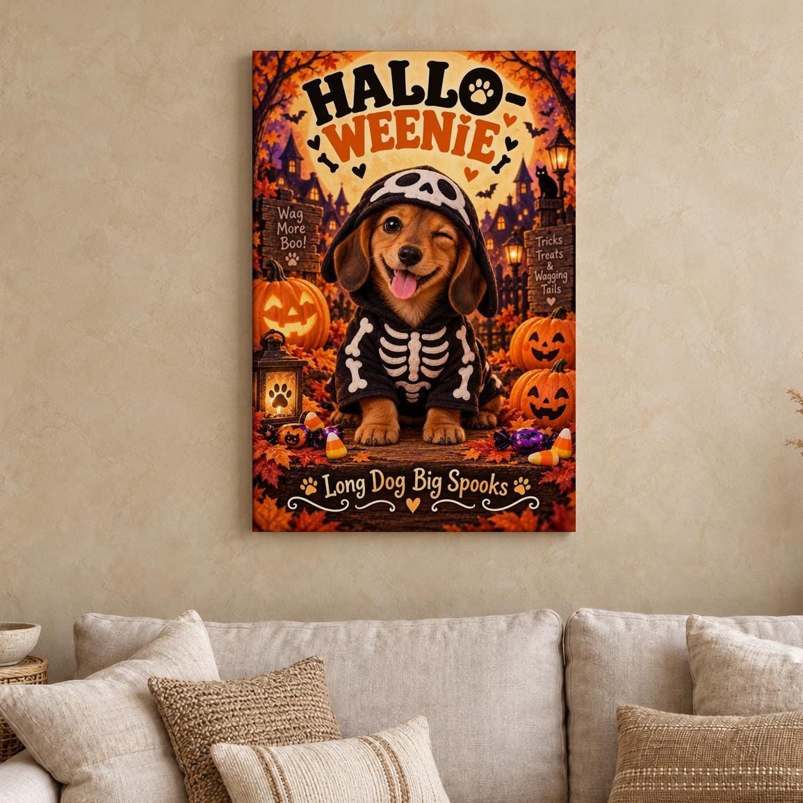 Halloween Dachshund Skeleton Puppy Canvas Wall Art