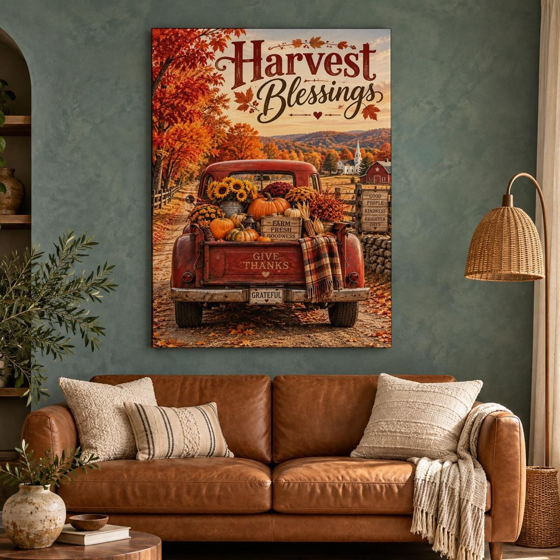 Harvest Blessings Red Truck Fall Canvas Wall Art