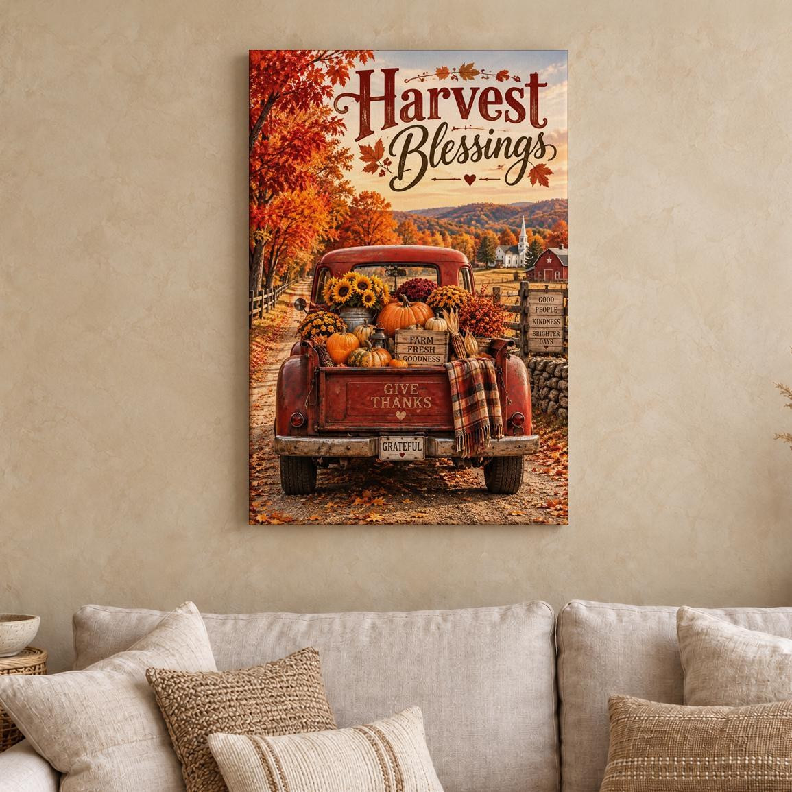 Harvest Blessings Red Truck Fall Canvas Wall Art