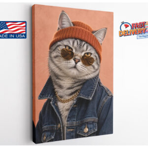 Hipster Cat in Denim Jacket Canvas Wall Art