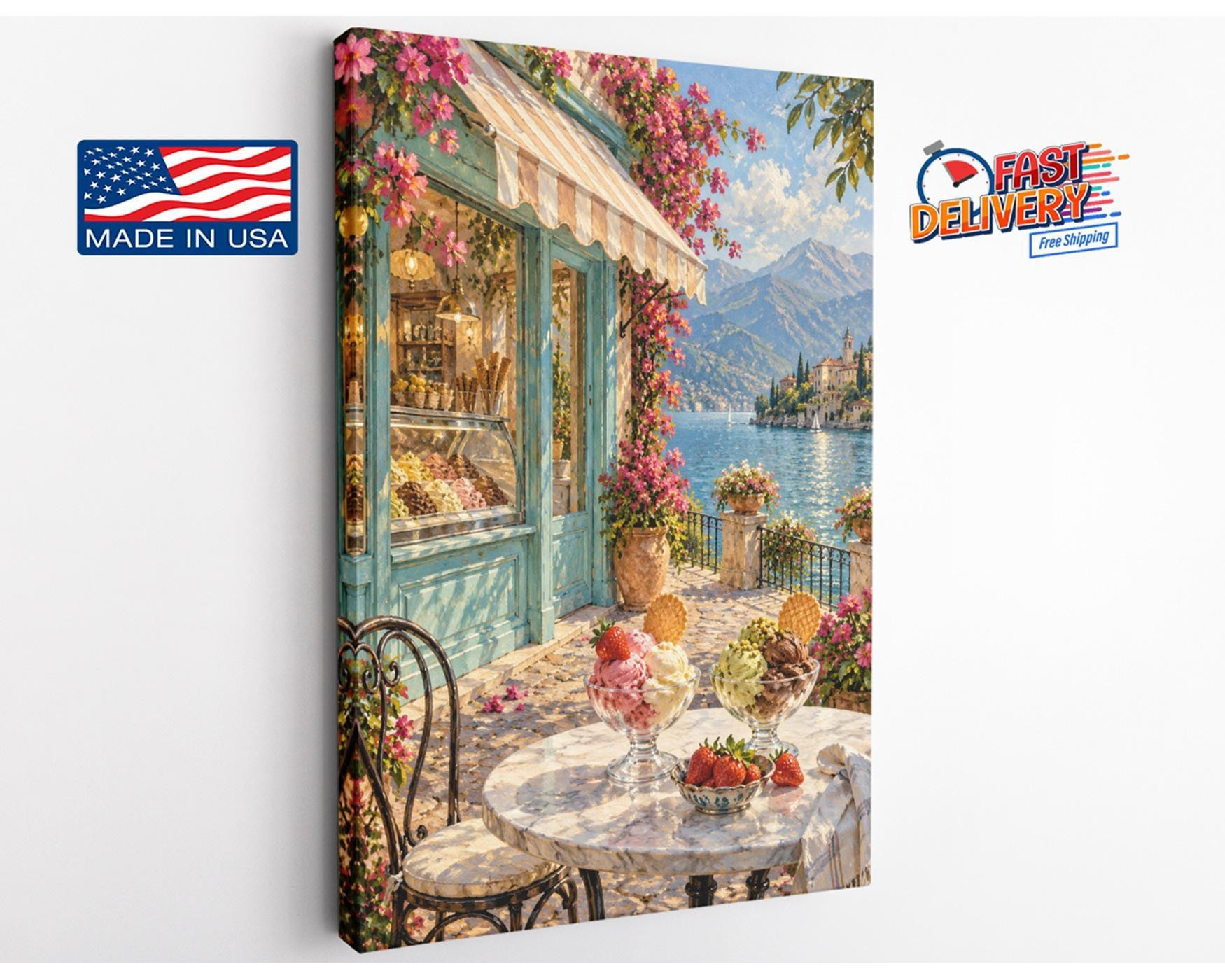 Italian Lake Gelato Shop Canvas Wall Art