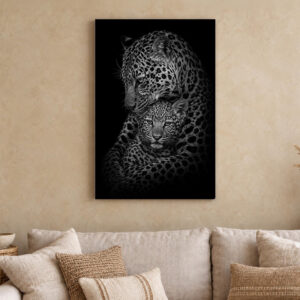 Leopard and Cub Black and White Canvas Wall Art