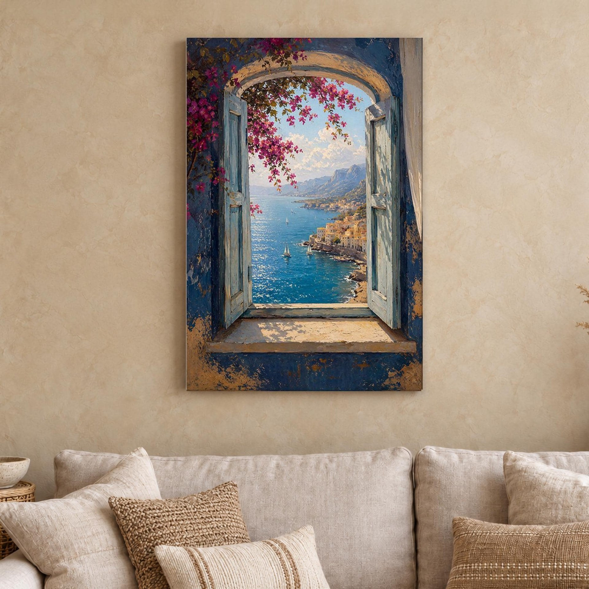 Mediterranean Arch Window Bougainvillea Canvas Wall Art