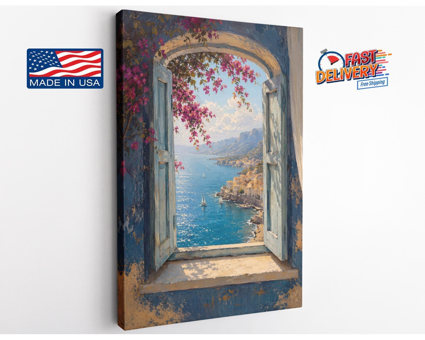Mediterranean Arch Window Bougainvillea Canvas Wall Art