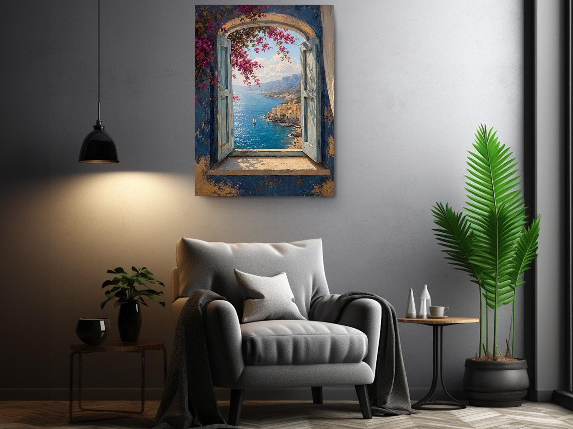 Mediterranean Arch Window Bougainvillea Canvas Wall Art