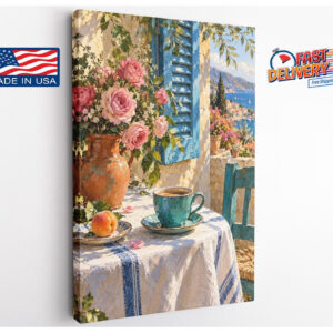 Mediterranean Balcony Pink Roses Canvas Wall Art