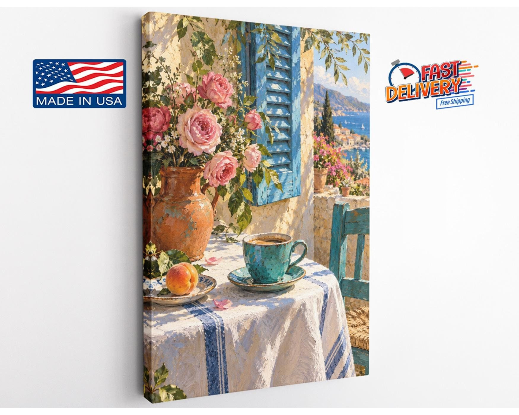 Mediterranean Balcony Pink Roses Canvas Wall Art