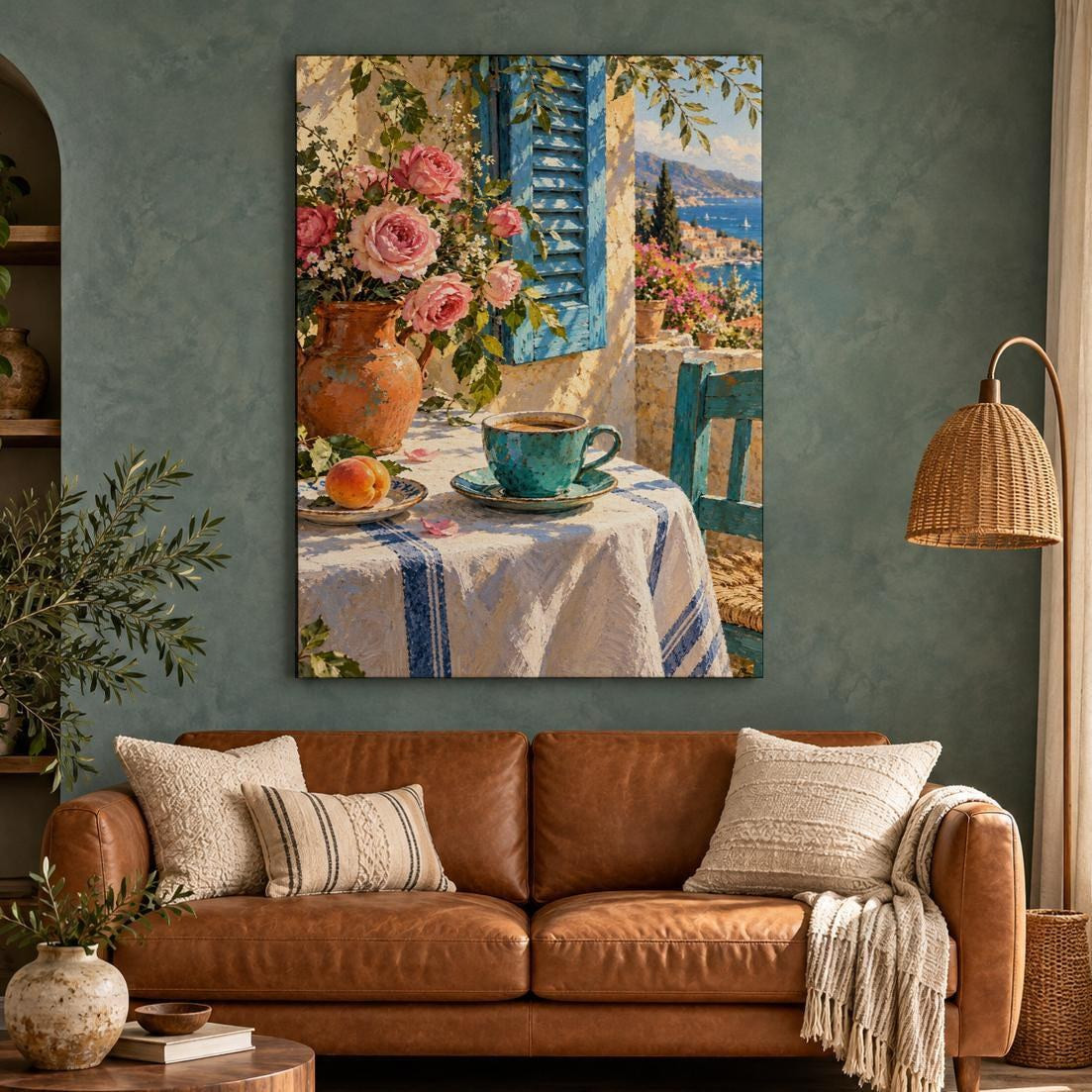 Mediterranean Balcony Pink Roses Canvas Wall Art