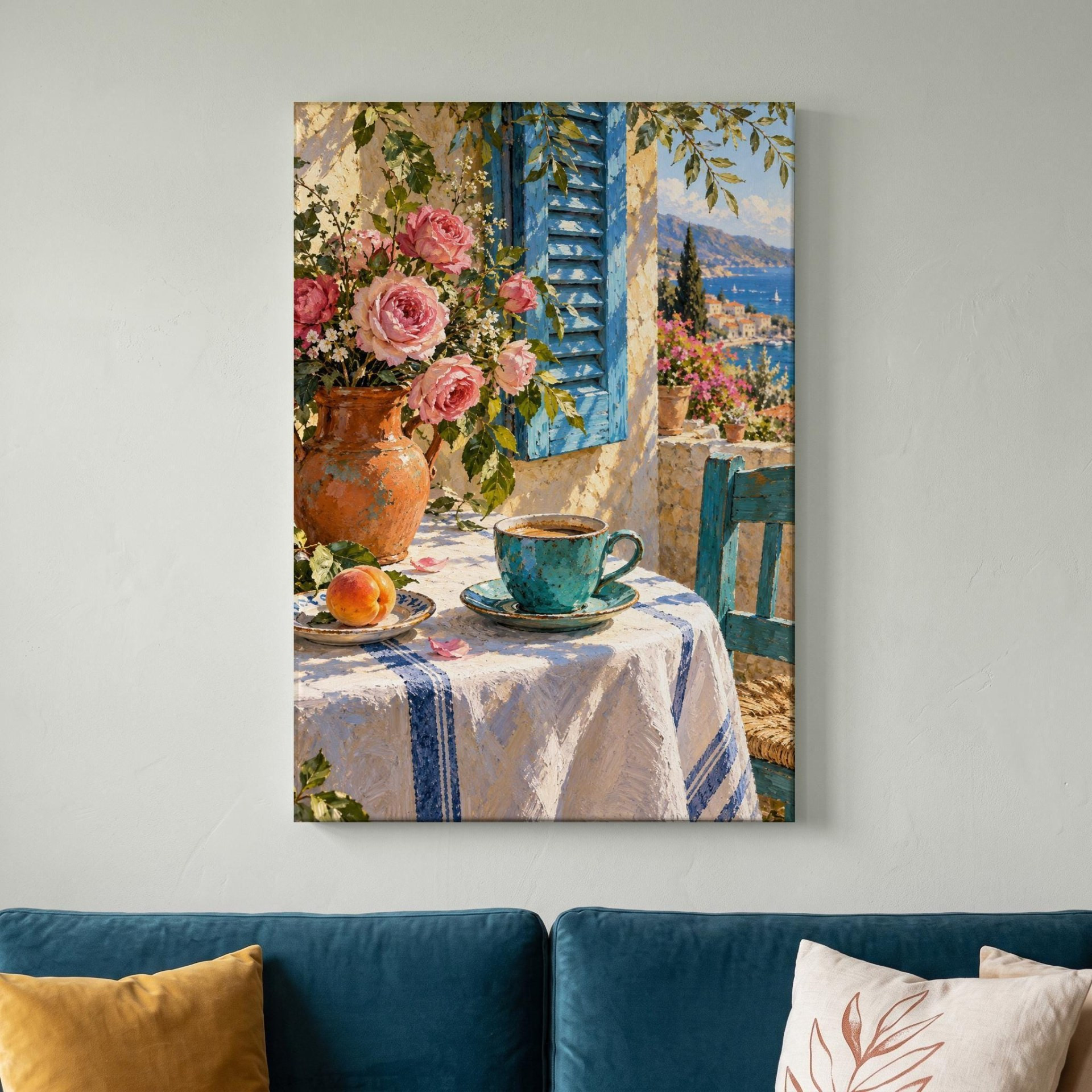 Mediterranean Balcony Pink Roses Canvas Wall Art