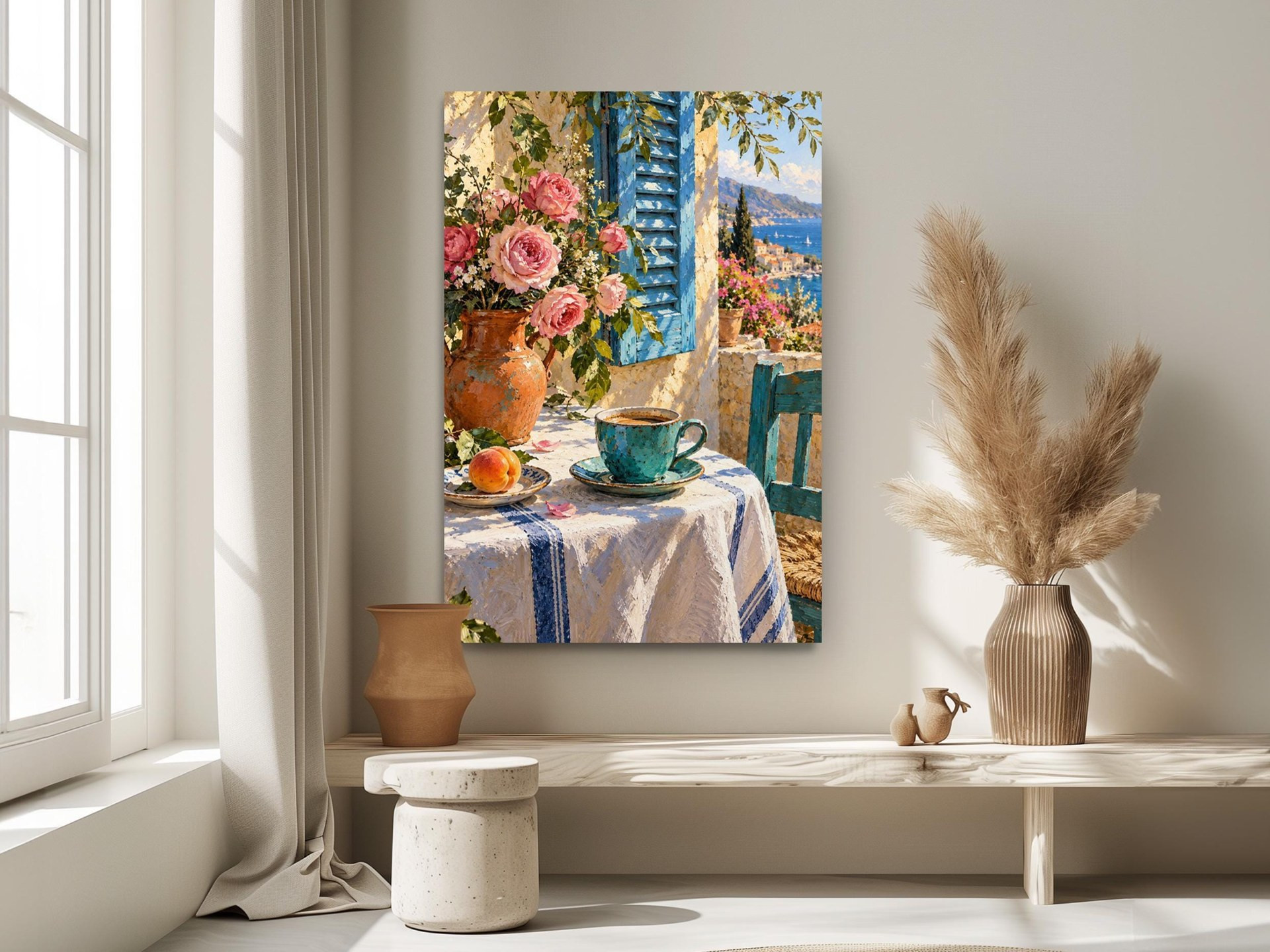 Mediterranean Balcony Pink Roses Canvas Wall Art