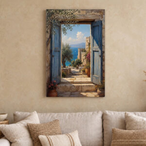 Mediterranean Stone Window Sea View Canvas Wall Art