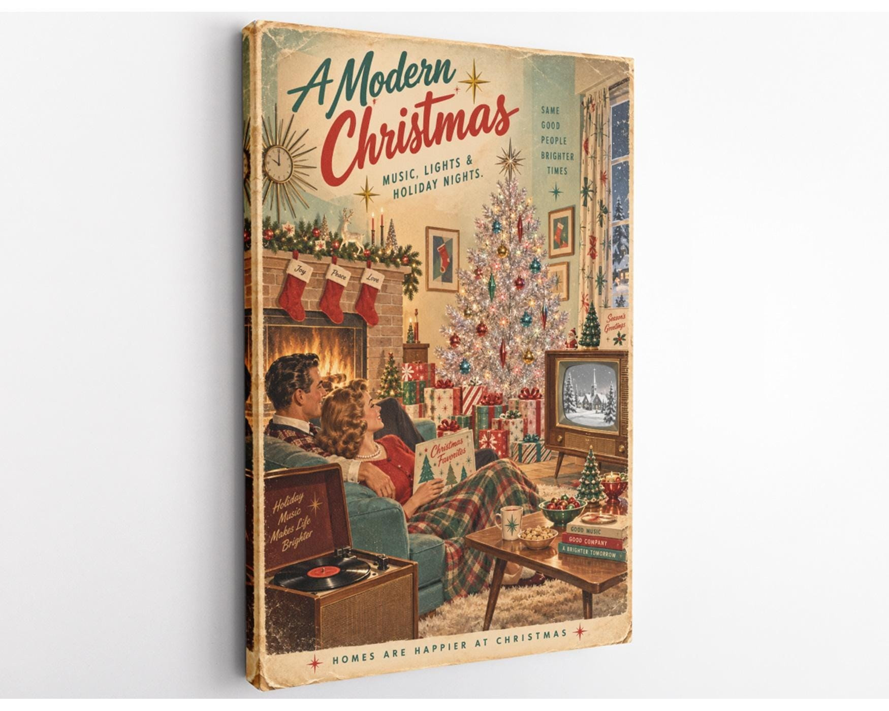 Mid Century Christmas Couple Canvas Wall Art