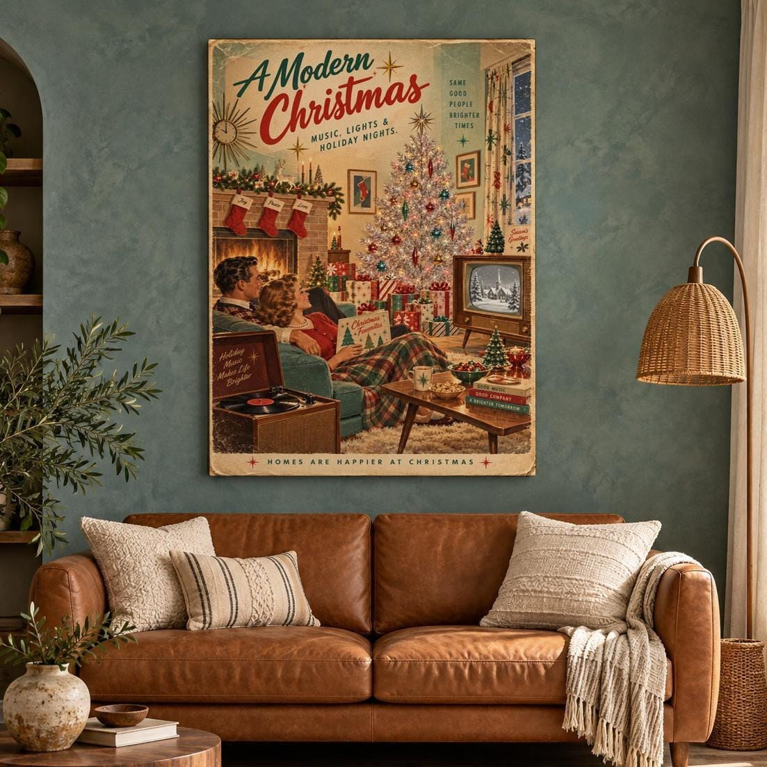 Mid Century Christmas Couple Canvas Wall Art