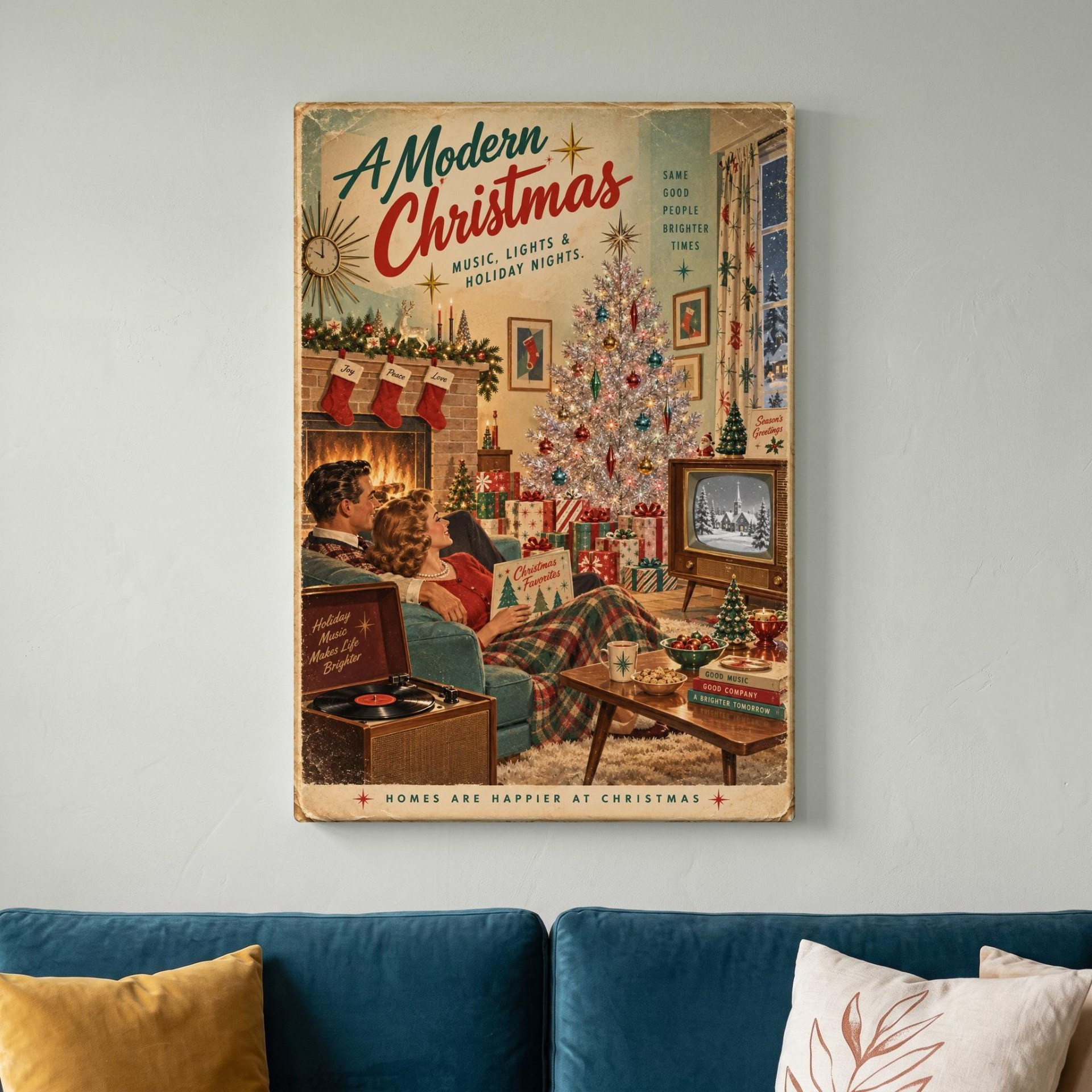 Mid Century Christmas Couple Canvas Wall Art