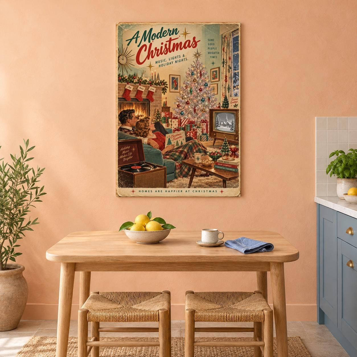 Mid Century Christmas Couple Canvas Wall Art