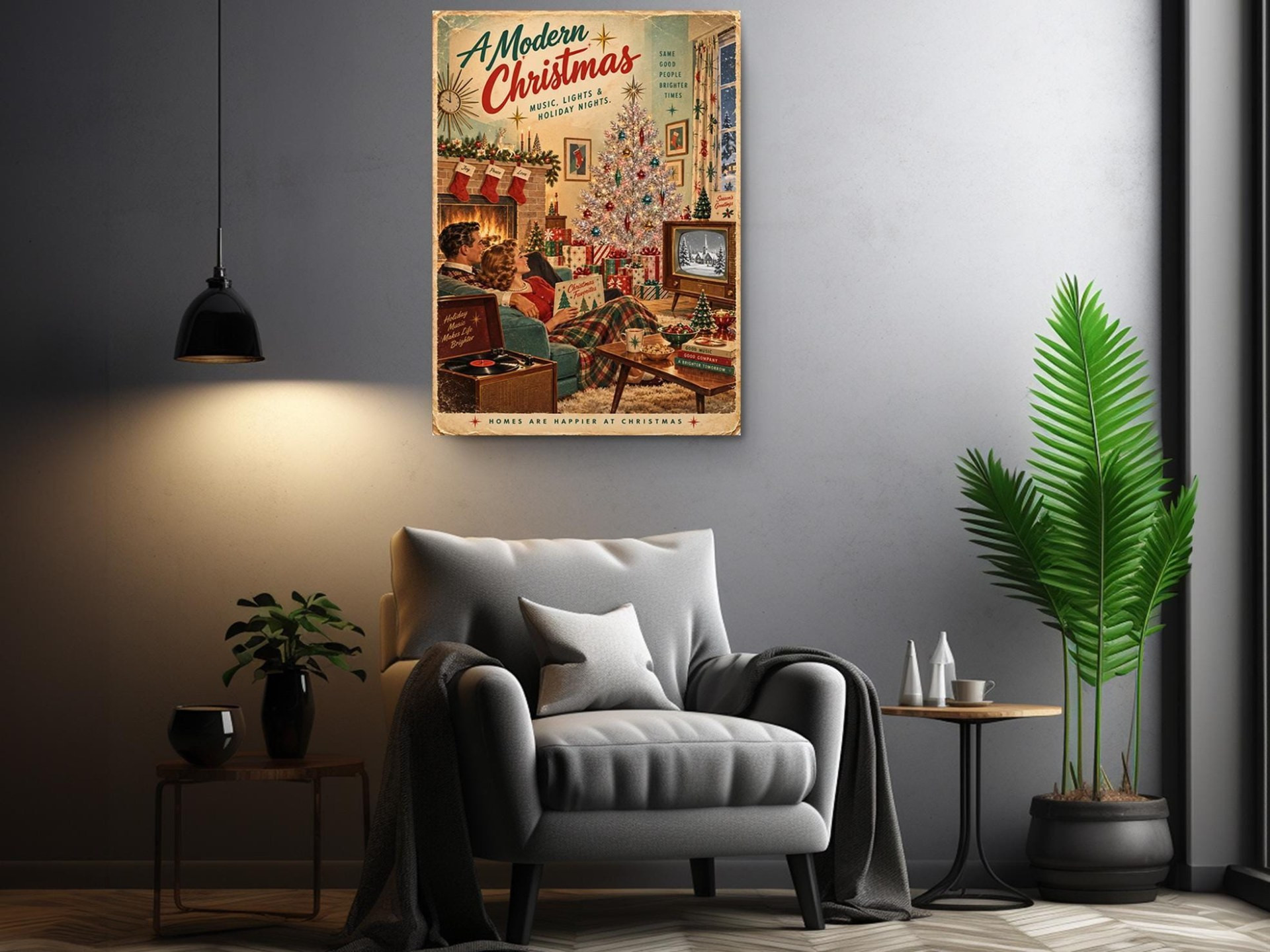 Mid Century Christmas Couple Canvas Wall Art