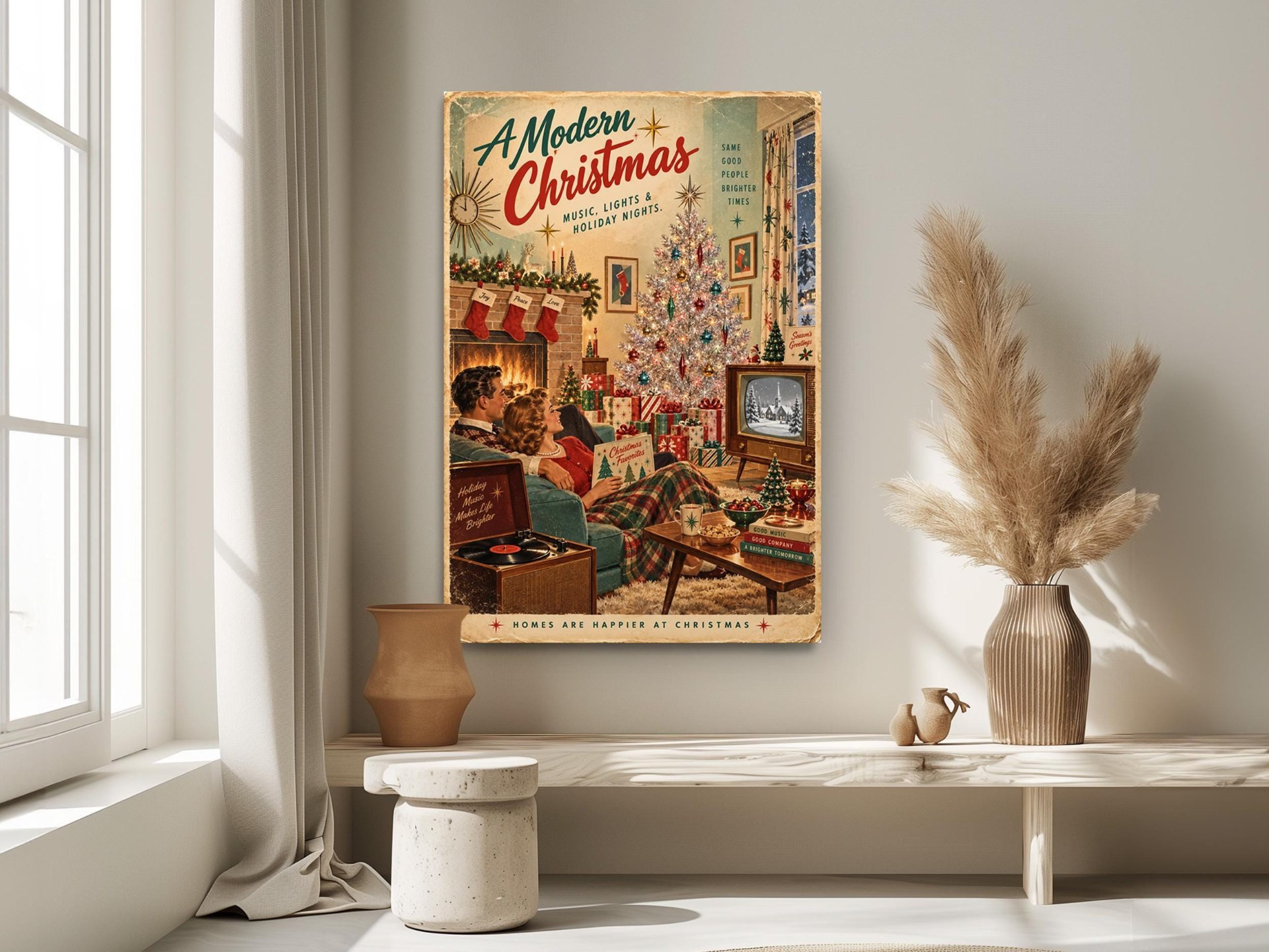Mid Century Christmas Couple Canvas Wall Art