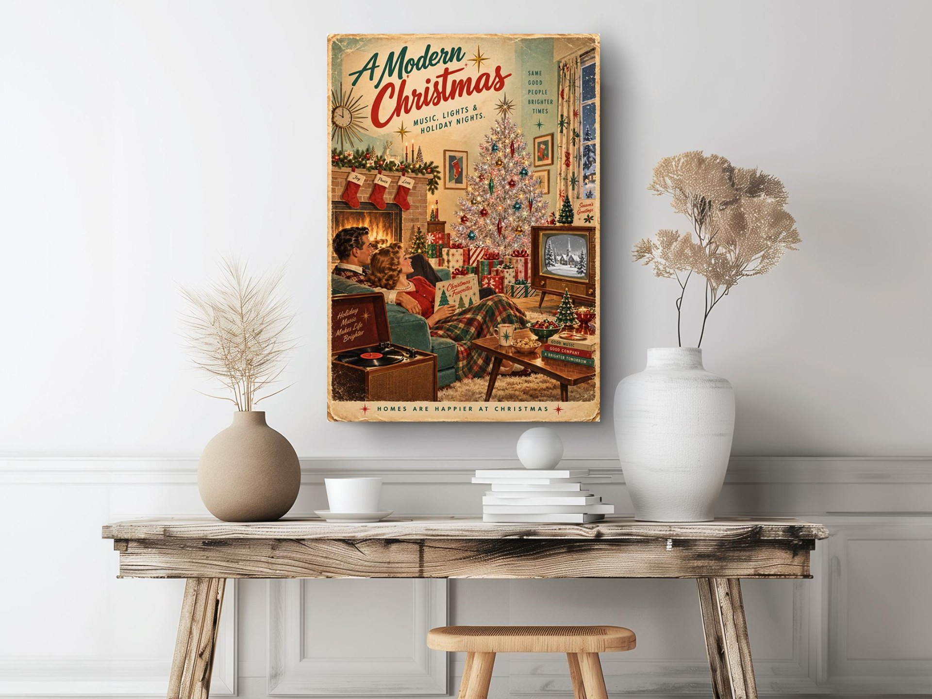 Mid Century Christmas Couple Canvas Wall Art