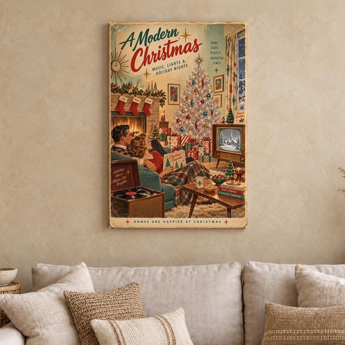 Mid Century Christmas Couple Canvas Wall Art