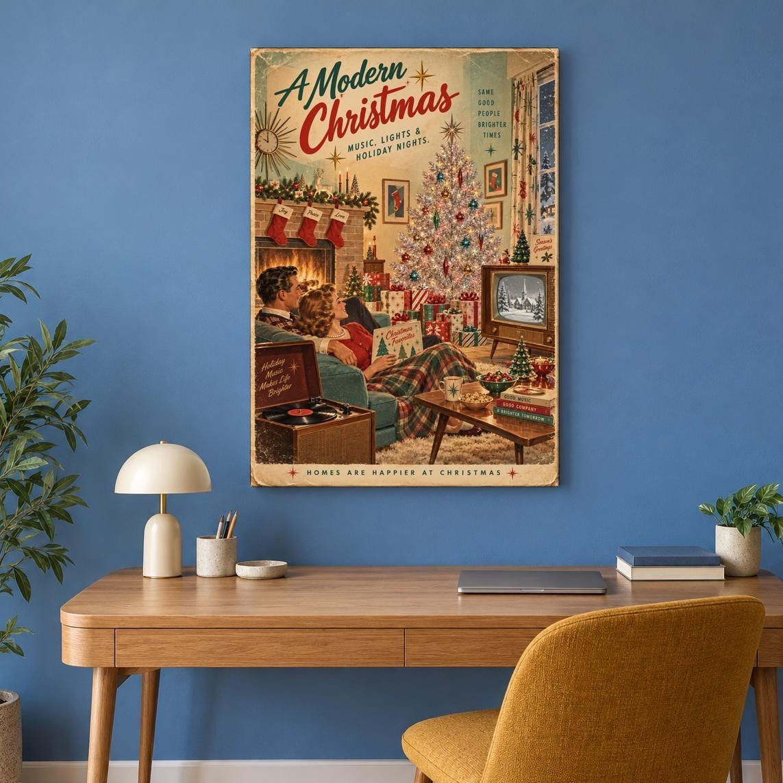 Mid Century Christmas Couple Canvas Wall Art