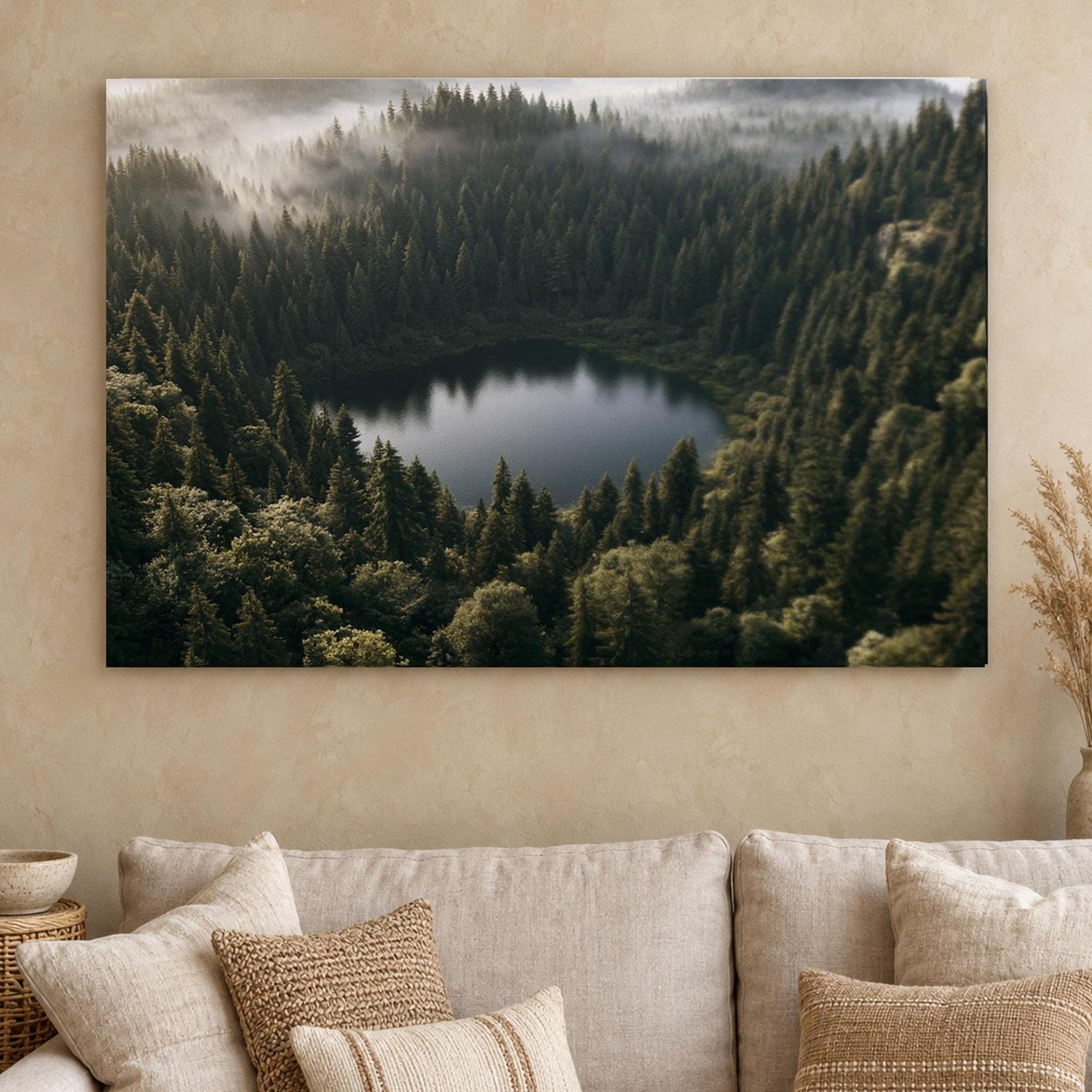 Misty Forest Lake Aerial Canvas Wall Art