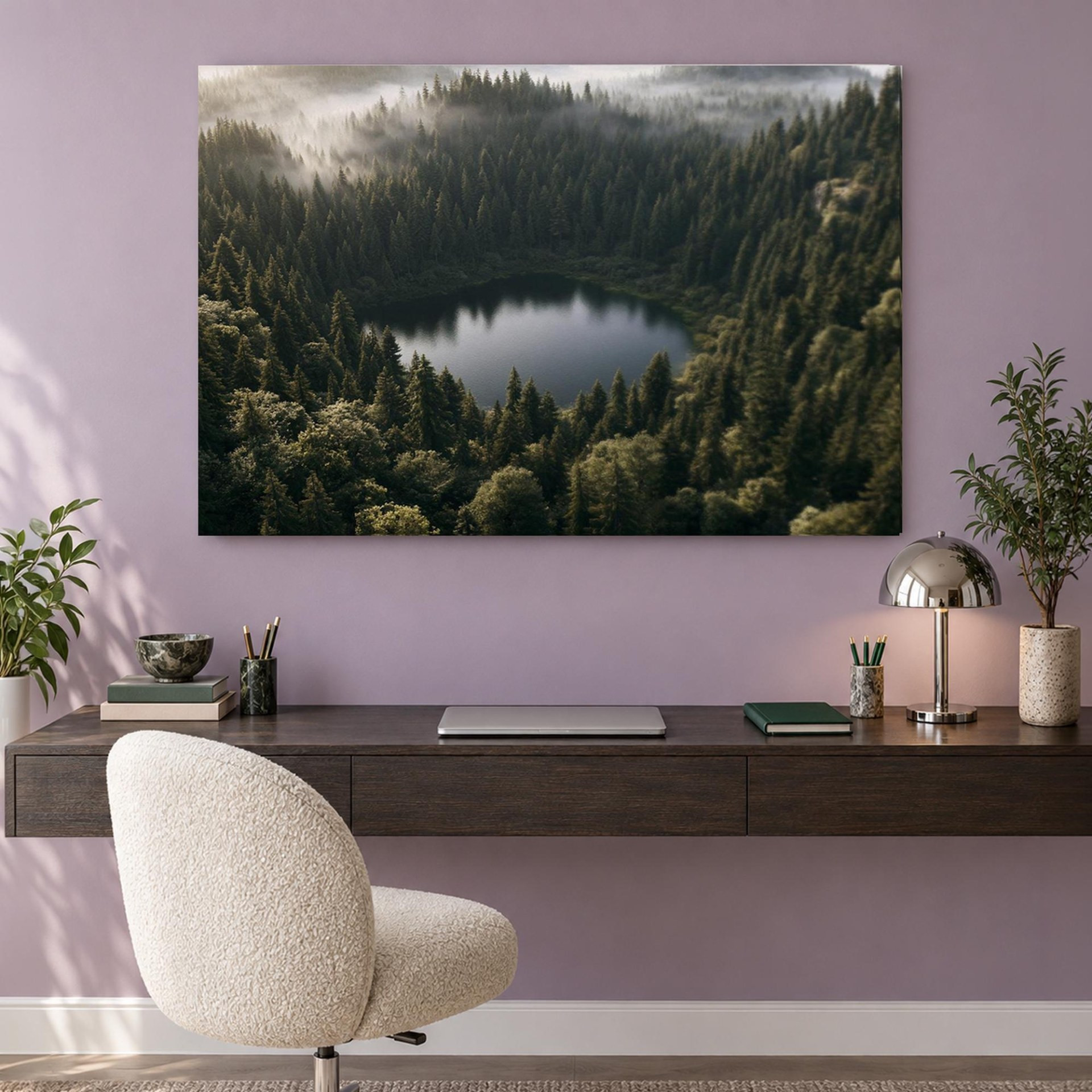 Misty Forest Lake Aerial Canvas Wall Art