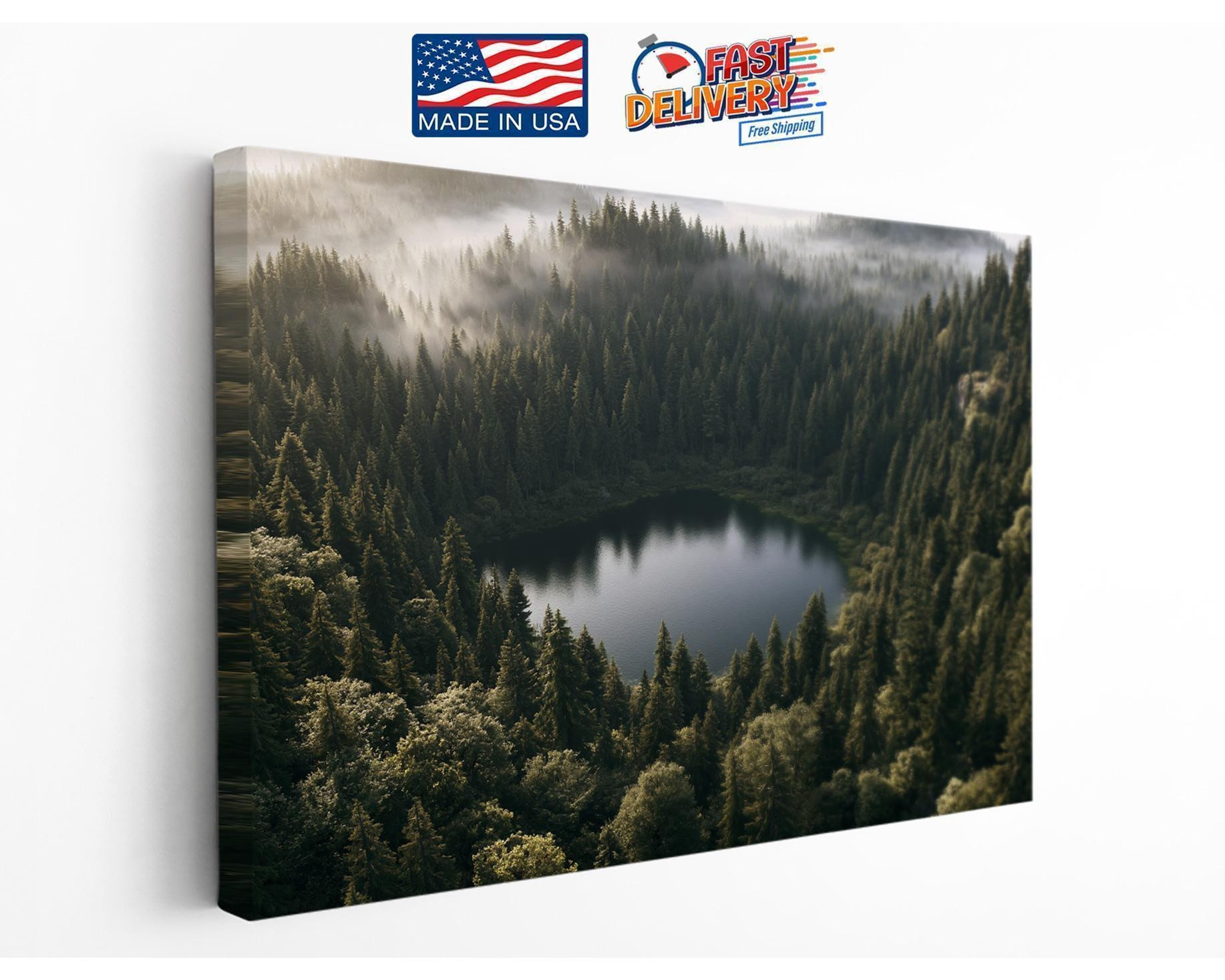 Misty Forest Lake Aerial Canvas Wall Art