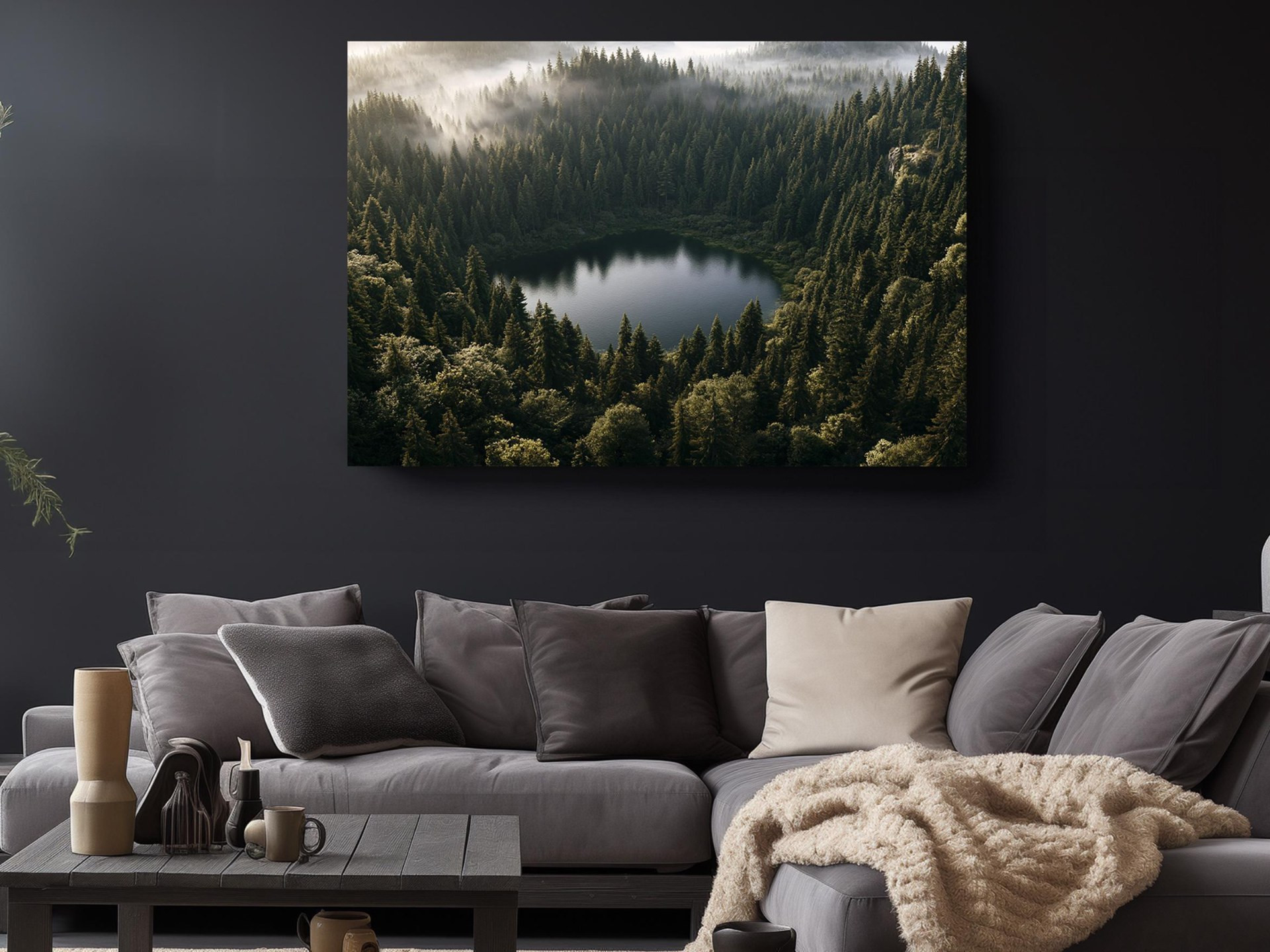 Misty Forest Lake Aerial Canvas Wall Art