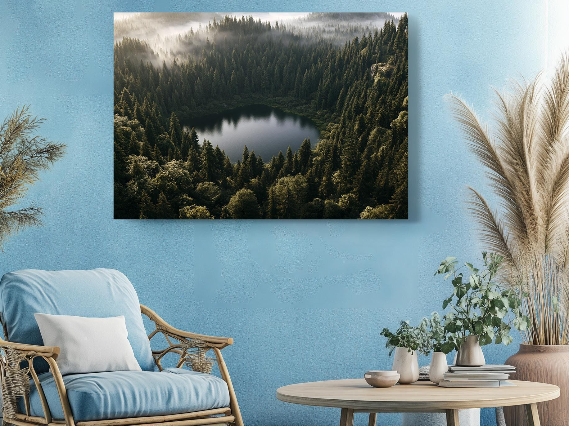 Misty Forest Lake Aerial Canvas Wall Art