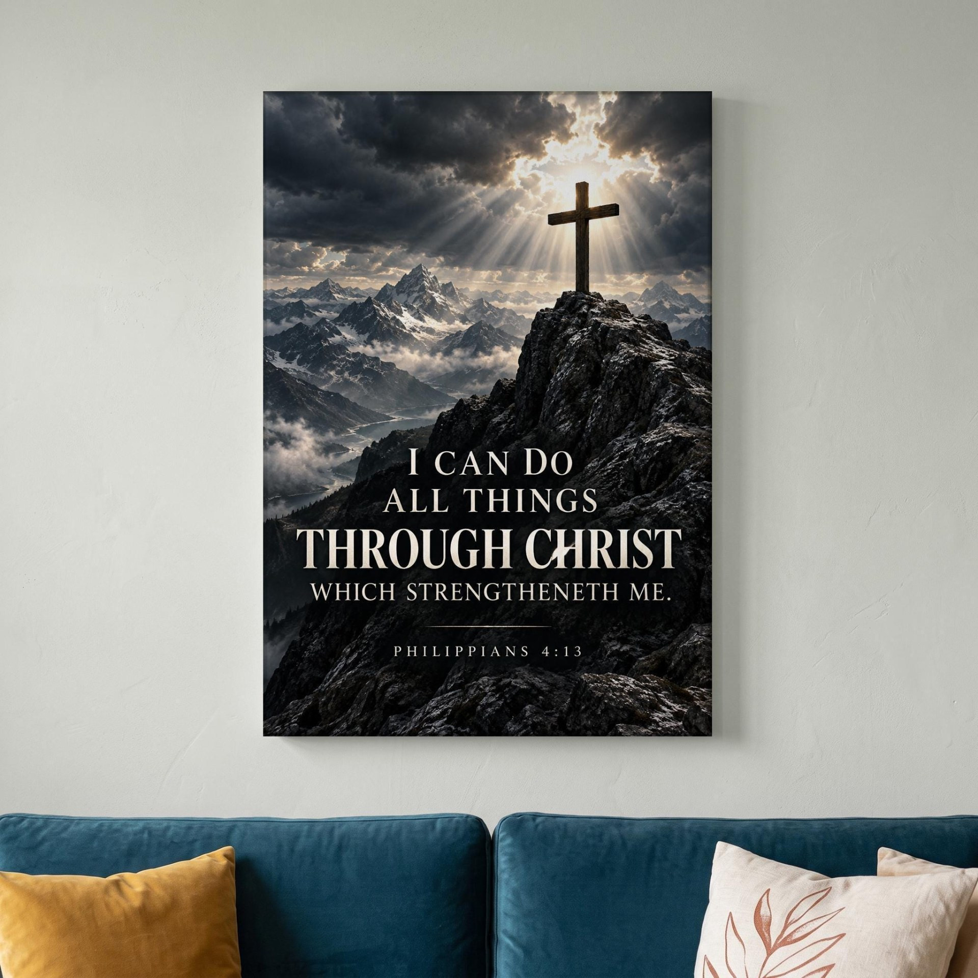 Philippians 4:13 Mountain Cross Canvas Wall Art