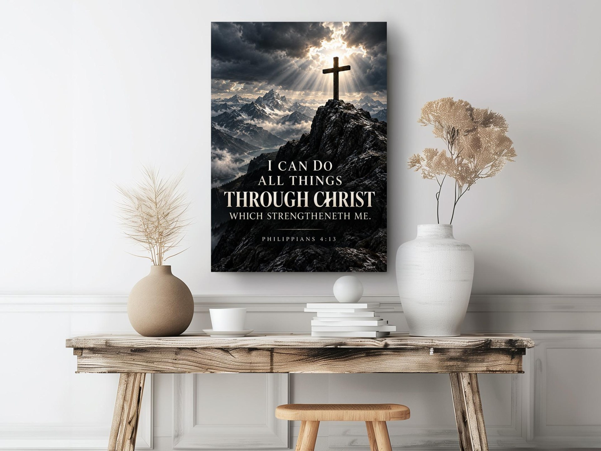 Philippians 4:13 Mountain Cross Canvas Wall Art