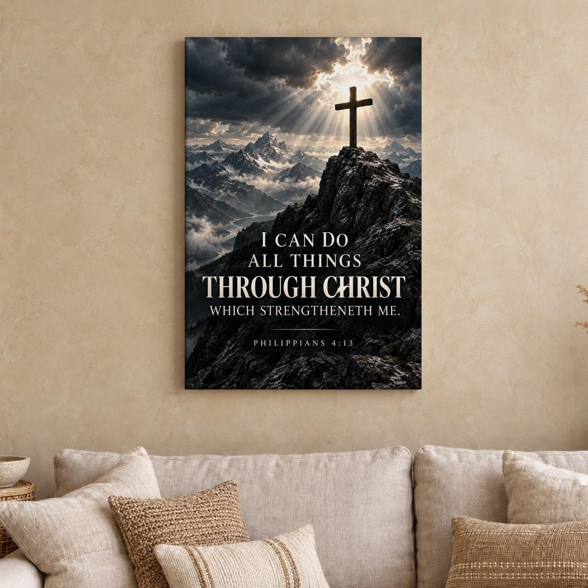 Philippians 4:13 Mountain Cross Canvas Wall Art
