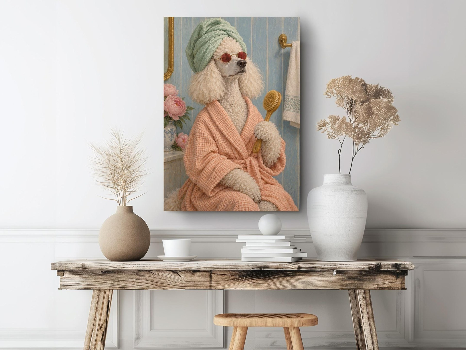 Poodle in Bathrobe Funny Canvas Wall Art