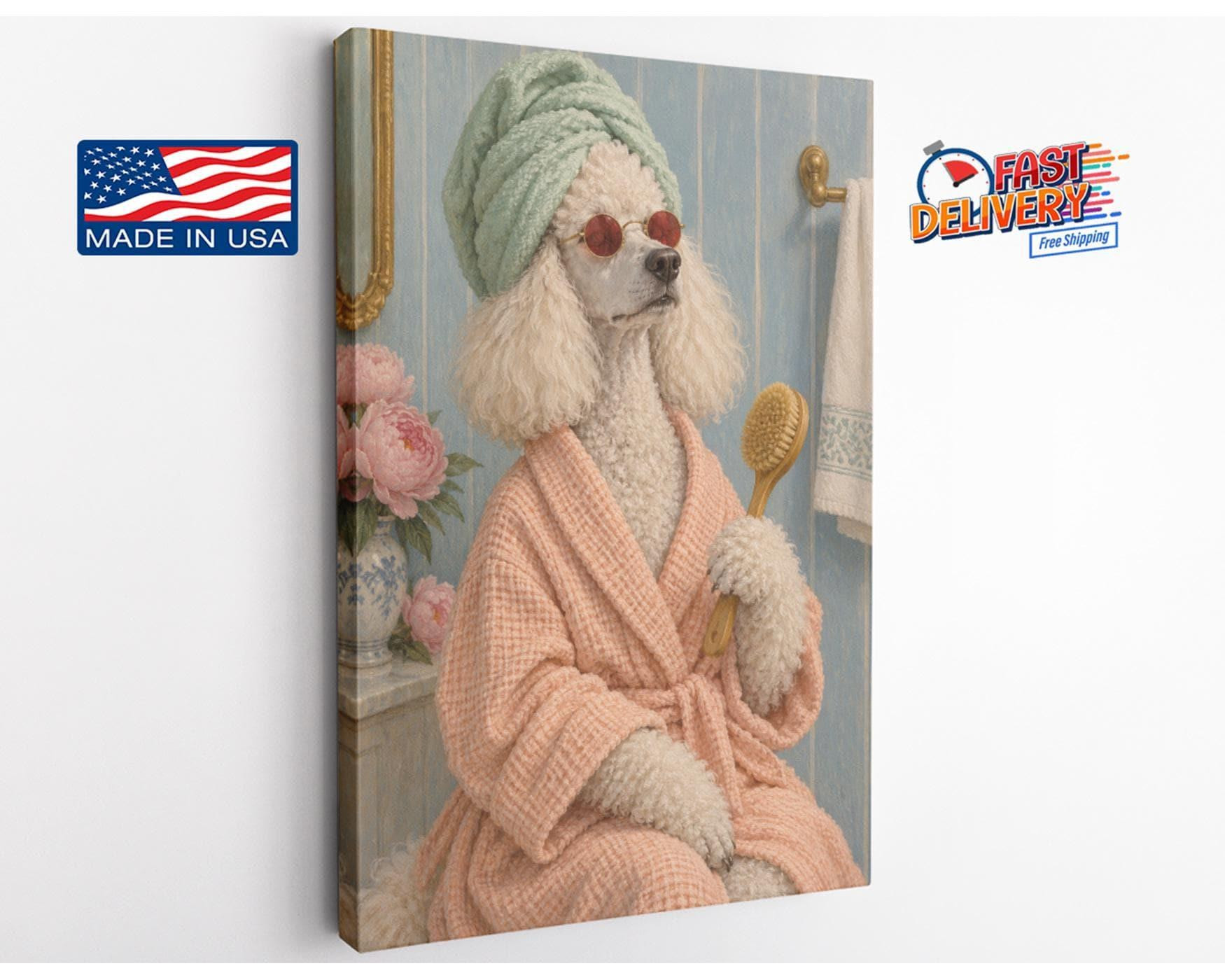 Poodle in Bathrobe Funny Canvas Wall Art